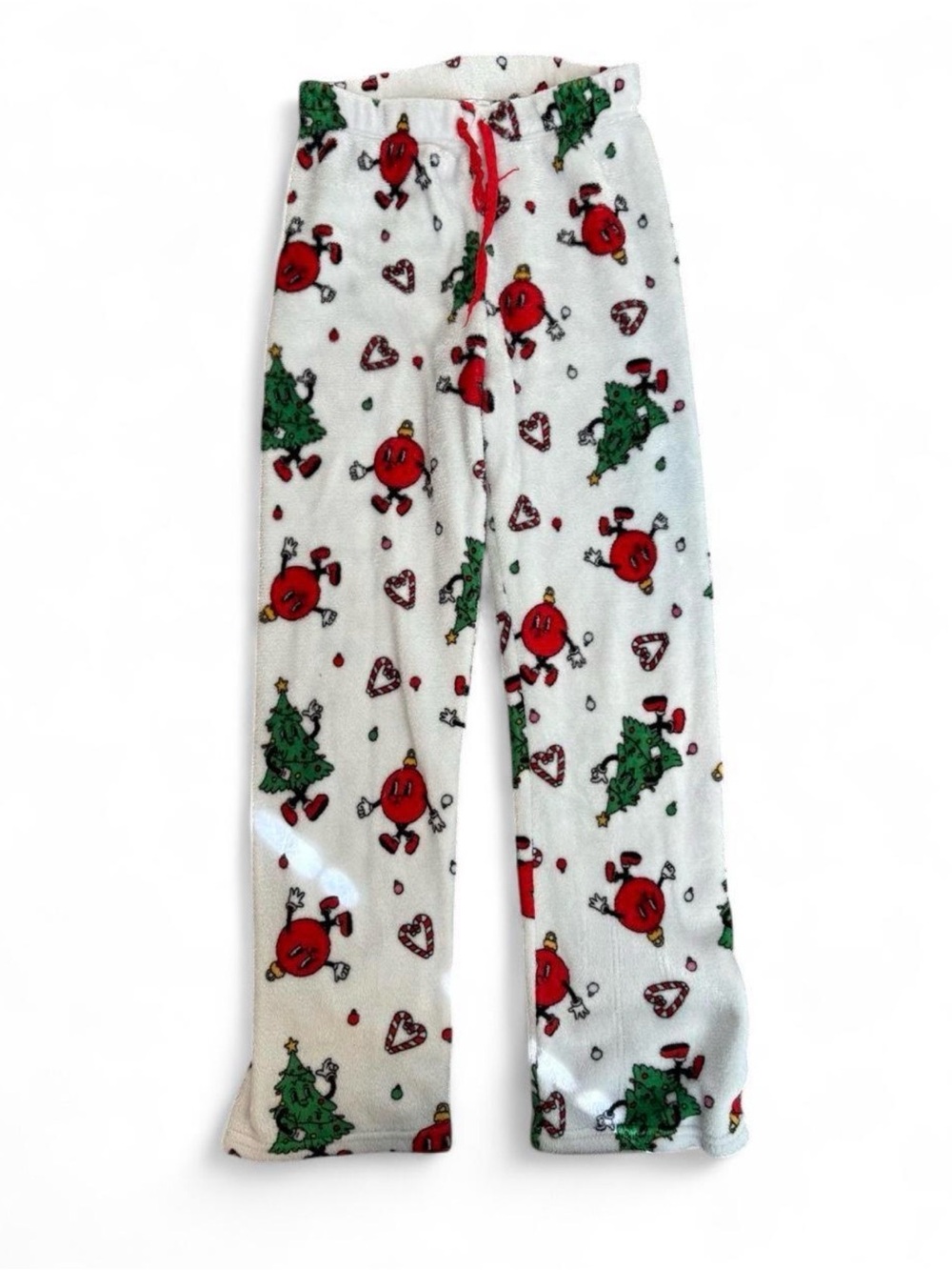 White Holiday Fleece Pajama Pants with Red & Green Print
